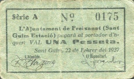 Аверс банкноты 1 peseta Freixanet – stacja Sant-Gim (Spain) 1937