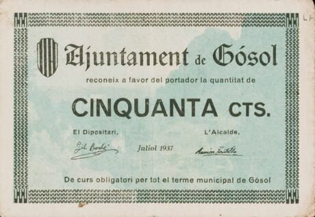 Аверс банкноты 50 centymów Gosol (Hiszpania) 1937
