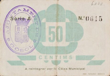 Реверс банкноты 50 centymów Gosol (Hiszpania) 1937