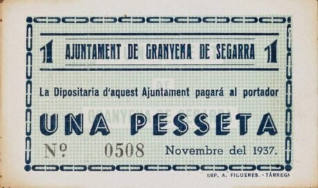 Аверс банкноты 1 песета Граньена де Сегарра (Испания) 1937 года