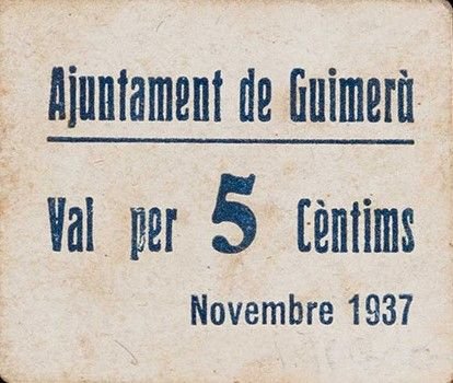 Аверс банкноты 5 centymów Guimera (Hiszpania) 1937