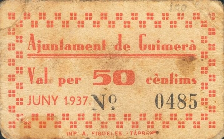 Аверс банкноты 50 сантимов Гимера (Испания) 1937 года