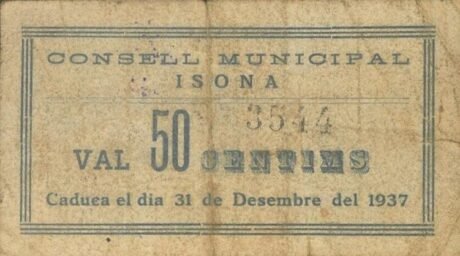 Аверс банкноты 50 сантимов Изона (Испания) 1937 года