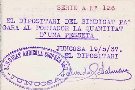 Аверс банкноты 1 peseta Juncos de le Garrigues (Hiszpania) 1937