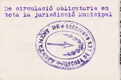 Реверс банкноты 1 peseta Juncos de le Garrigues (Hiszpania) 1937