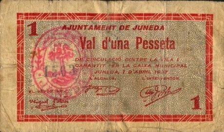 Аверс банкноты 1 песета Джунеда (Испания) 1937 года