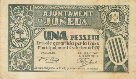 Awers banknotu 1 peseta Juneda (Spain) 1937