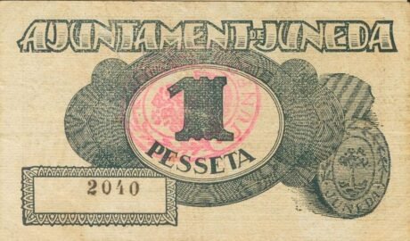 Rewers banknotu 1 peseta Juneda (Spain) 1937