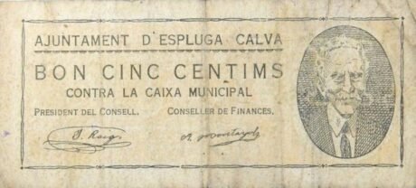 Аверс банкноты 5 centymów Espúga Calva (Hiszpania) 1937