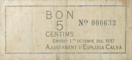 Реверс банкноты 5 centymów Espúga Calva (Hiszpania) 1937