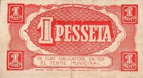 Реверс банкноты 1 peseta Baronia de Rialb (Hiszpania) 1937