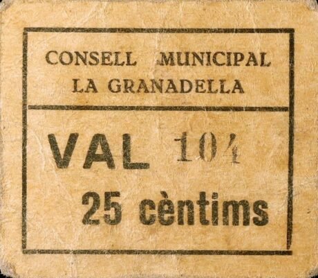 Аверс банкноты 25 centymów La Granadella (Hiszpania)