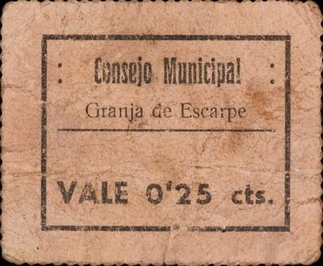 Аверс банкноты 25 centymów La Granja d'Escarp (Hiszpania)