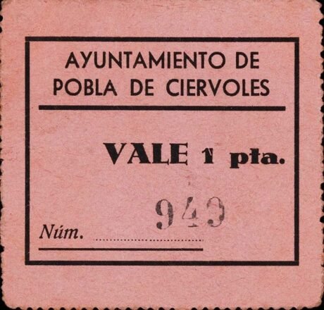 Аверс банкноты 1 песета Побла де Сьерволес (Испания)