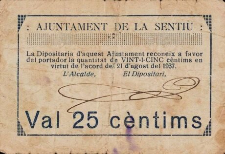Аверс банкноты 25 сантимов Ла Сентиу (Испания) 1937 года
