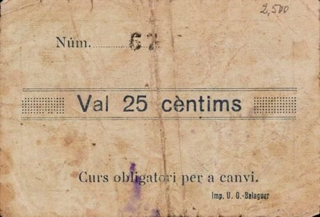 Реверс банкноты 25 сантимов Ла Сентиу (Испания) 1937 года