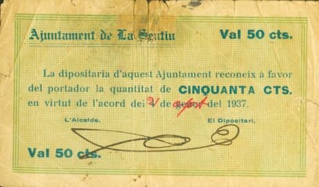 Аверс банкноты 50 сантимов Ла Сентиу (Испания) 1937 года