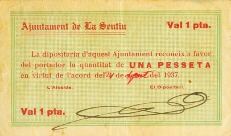 Аверс банкноты 1 песета Ла Сентиу (Испания) 1937 года