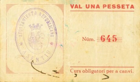 Реверс банкноты 1 песета Ла Сентиу (Испания) 1937 года