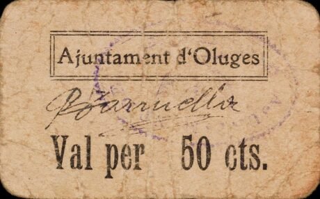 Аверс банкноты 50 сантимов Олюгес (Испания)