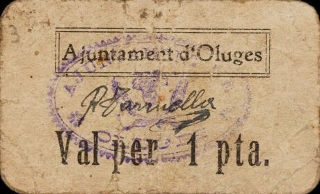 Аверс банкноты 1 песета Олюгес (Испания)