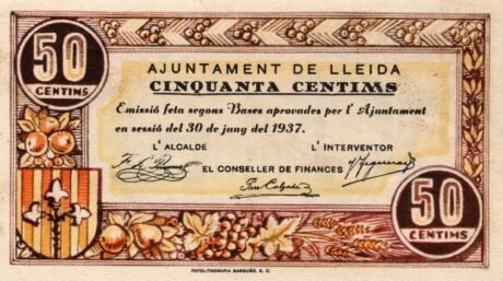 Аверс банкноты 50 centymów Lleida (Hiszpania) 1937