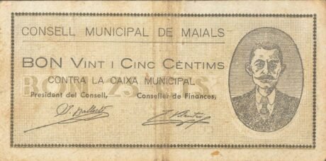 Аверс банкноты 25 сентимо по почте (Испания) 1937 года