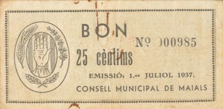 Реверс банкноты 25 сентимо по почте (Испания) 1937 года