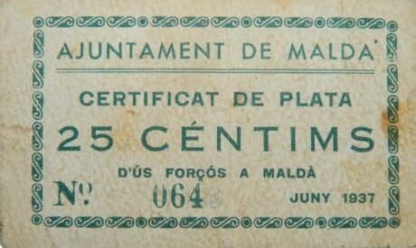 Аверс банкноты 25 centymów Malda (Hiszpania) 1937