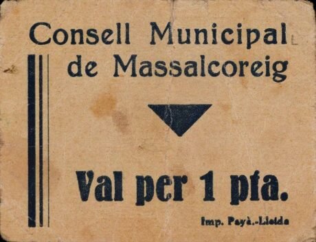 Аверс банкноты 1 песета Массалкорейг (Испания)