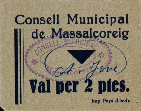 Аверс банкноты 2 песеты Массалкорейг (Испания)