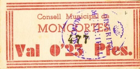 Аверс банкноты 25 centymów Moncortes (Hiszpania)