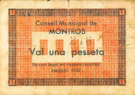 Аверс банкноты 1 песета Мон-Ро (Испания) 1937 года