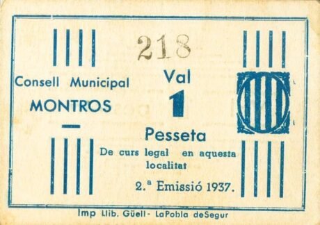 Аверс банкноты 1 peseta Mon-Ro (Hiszpania) 1937