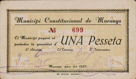 Аверс банкноты 1 peseta Morunis – Llorens de Morunis (Hiszpania) 1937