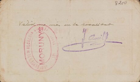 Реверс банкноты 1 peseta Morunis – Llorens de Morunis (Hiszpania) 1937