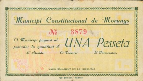 Аверс банкноты 1 peseta Morunis – Llorens de Morunis (Hiszpania) 1937