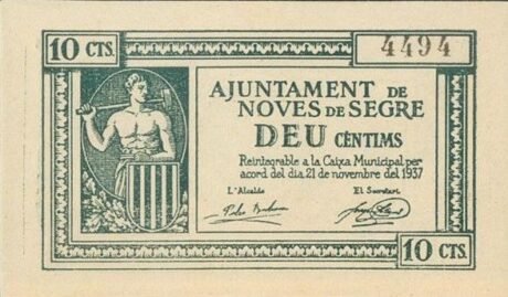 Awers banknotu 10 centimones de Segre (Hiszpania) 1937