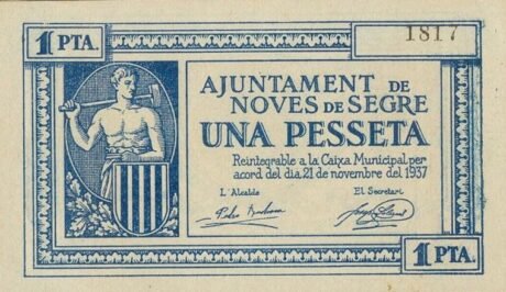 Аверс банкноты 1 peseta Noves de Segre (Hiszpania) 1937