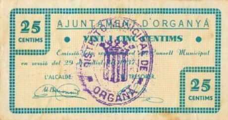 Аверс банкноты 25 centymów Organya (Hiszpania) 1937