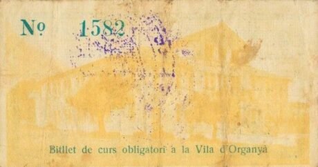 Реверс банкноты 25 centymów Organya (Hiszpania) 1937