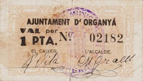 Аверс банкноты 1 песета Органья (Испания)