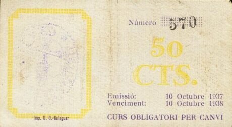 Реверс банкноты 50 centymów Os de Balaguer (Hiszpania) 1937
