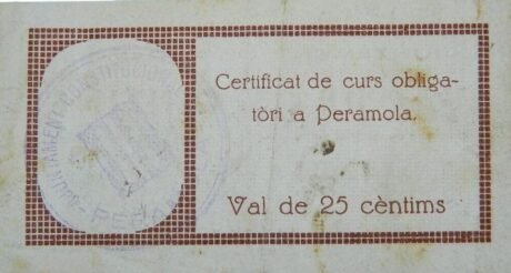 Реверс банкноты 25 сантимов Перамола (Испания) 1937 года