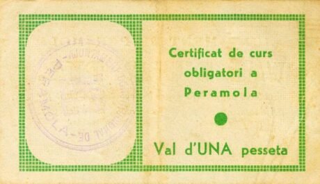 Rewers banknotu 1 peseta Peramola (Hiszpania) 1937