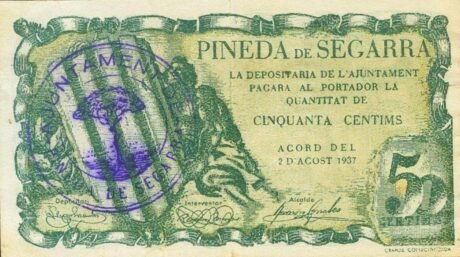 Аверс банкноты 50 сантимов Пинеда де Сегарра (Испания) 1937 года
