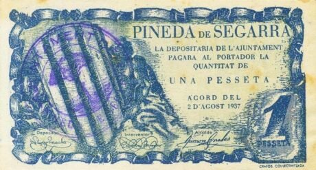 Аверс банкноты 1 peseta Pineda de Segarra (Hiszpania) 1937