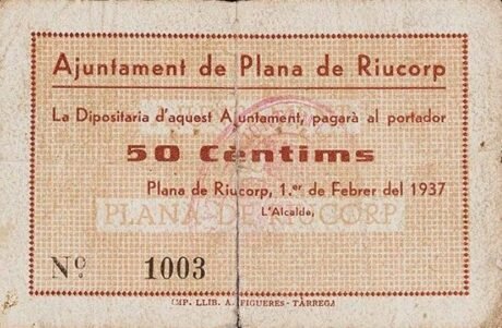 Аверс банкноты 50 сантимов Плана де Риукорп (Испания) 1937 года