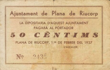 Аверс банкноты 50 centymów Plana de Riucorp (Hiszpania) 1937