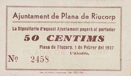 Аверс банкноты 50 centymów Plana de Riucorp (Hiszpania) 1937